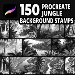 Puede incluir: Un producto de arte digital con 150 sellos de fondo de jungla Procreate. La imagen muestra una cuadrícula de ilustraciones en escala de grises de escenas de la jungla, incluyendo cascadas, ríos y follaje denso. El logotipo de Procreate es visible en la esquina superior izquierda.