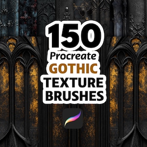 Può includere: Prodotto di arte digitale con 150 pennelli texture gotiche Procreate. L'immagine mostra una varietà di sfondi scuri e strutturati con elementi architettonici gotici. Il logo del prodotto è visibile.
