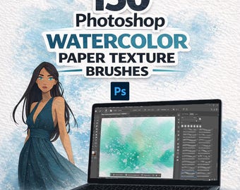 May include: An illustration promoting 150 Photoshop watercolor paper texture brushes. The image features a laptop displaying a watercolor design, a woman in a blue dress, and the text "150 Photoshop Watercolor Paper Texture Brushes."