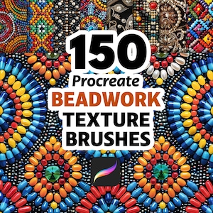 May include: A digital art graphic featuring a variety of colorful beadwork textures. The image includes the text "150 Procreate Beadwork Texture Brushes" and the Procreate app logo. The beadwork designs showcase intricate patterns and vibrant colors.