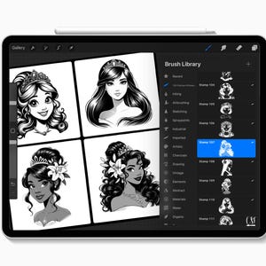 May include: A digital tablet showing a digital art project. The screen displays four black and white illustrations of women with tiaras and floral accents. The tablet's interface includes a brush library and a stylus.