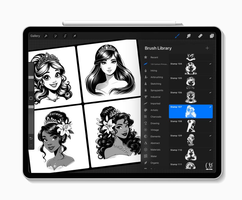 May include: A digital tablet showing a digital art project. The screen displays four black and white illustrations of women with tiaras and floral accents. The tablet's interface includes a brush library and a stylus.