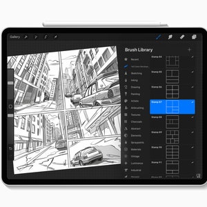 May include: A digital drawing app interface on an iPad with a stylus. The app has a brush library with a variety of options, including sketching, inking, drawing, painting, artistic, airbrushing, textures, charcoals, abstract, elements, spraypaints, materials, vintage, luminance, and industrial. The app also has a stamp library with a variety of stamps, including a grid stamp, a panel stamp, and a speech bubble stamp. The app is currently displaying a comic book style drawing of a city street.