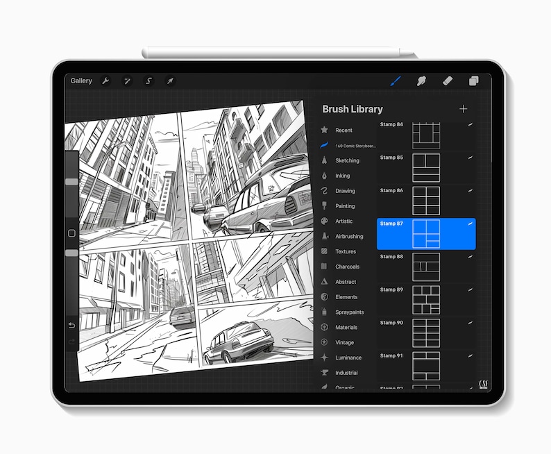 May include: A digital drawing app interface on an iPad with a stylus. The app has a brush library with a variety of options, including sketching, inking, drawing, painting, artistic, airbrushing, textures, charcoals, abstract, elements, spraypaints, materials, vintage, luminance, and industrial. The app also has a stamp library with a variety of stamps, including a grid stamp, a panel stamp, and a speech bubble stamp. The app is currently displaying a comic book style drawing of a city street.