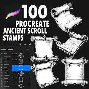 100 pinceles para sellos de pergaminos antiguos de Procreate, set de sellos de pergaminos antiguos, letras de Procreate, papiros de Procreate, pergaminos de Procreate, rollos de papel