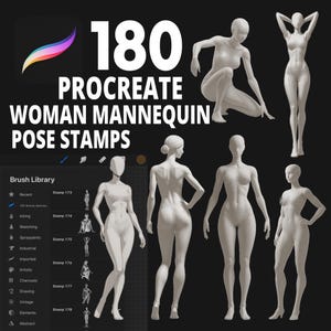May include: A digital art graphic featuring the text "180 PROCREATE WOMAN MANNEQUIN POSE STAMPS" with a Procreate brush icon. The image showcases several mannequin poses, including standing, kneeling, and arms overhead, ideal for digital artists.