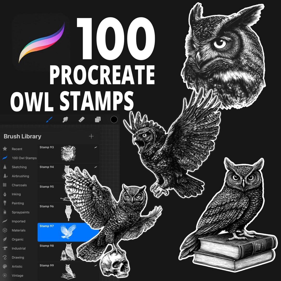 100 Procreate Owl Stamp Brushes, Owl Tattoo, Wildlife Stamp, Bird ...