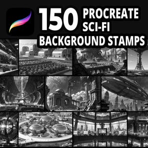 Puede incluir: Imagen de arte digital en blanco y negro que muestra 150 Sellos de Fondo de Ciencia Ficción de Procreate. La imagen presenta una variedad de paisajes y estructuras futuristas. El logotipo de Procreate está en la esquina superior izquierda.