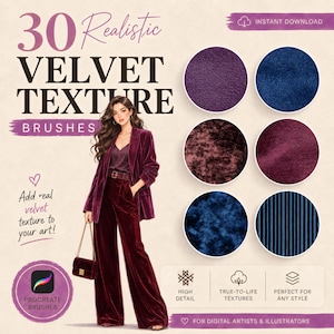 Może przedstawiać: Cyfrowy zestaw 30 realistycznych pędzli z teksturą aksamitu do programu Procreate. Grafika zawiera napis 30 Realistic Velvet Texture Brushes, ilustrację osoby w aksamitnym garniturze oraz sześć okrągłych próbek przedstawiających różne tekstury i kolory aksamitu.