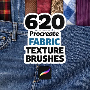 May include: A selection of fabric textures, such as denim, tartan, and velvet, are displayed. The image includes the text "620 Procreate Fabric Texture Brushes" and the Procreate app logo, indicating digital art resources for artists.