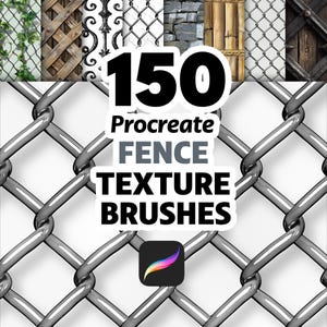 Puede incluir: Imagen que muestra 150 pinceles de textura de vallas para Procreate. Una valla de alambre de malla en primer plano, con diversas texturas de vallas en el fondo, como madera y piedra. También se ve el icono de la aplicación Procreate.