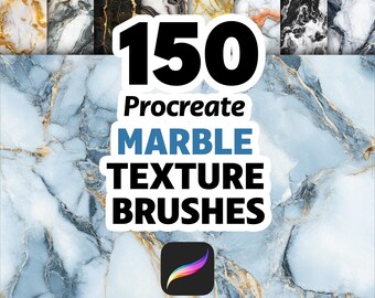 May include: A digital collection of 150 Procreate marble texture brushes featuring a variety of stone patterns in black, white, gold, and blue. The text 150 Procreate MARBLE TEXTURE BRUSHES is displayed prominently over a blue marble background.