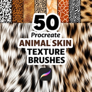 Può includere: Un'immagine che mostra 50 pennelli per texture di pelle di animali per Procreate. L'immagine presenta vari modelli di stampa animalier, tra cui leopardo, zebra e giraffa. La sovrapposizione di testo recita "50 Procreate Animal Skin Texture Brushes."