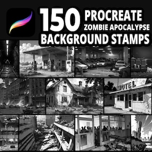 以下が含まれることがあります： Procreate用の150個のゾンビ黙示録背景スタンプの白黒画像。放棄された建物、モーテル、駐車場など、終末後の世界のシーンが描かれています。