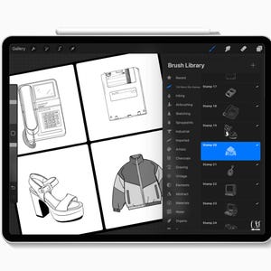 May include: A digital illustration on a tablet screen, showcasing a 'Brush Library' with various stamp options. The screen displays black and white drawings of a telephone, a floppy disk, a platform sandal, and a jacket.