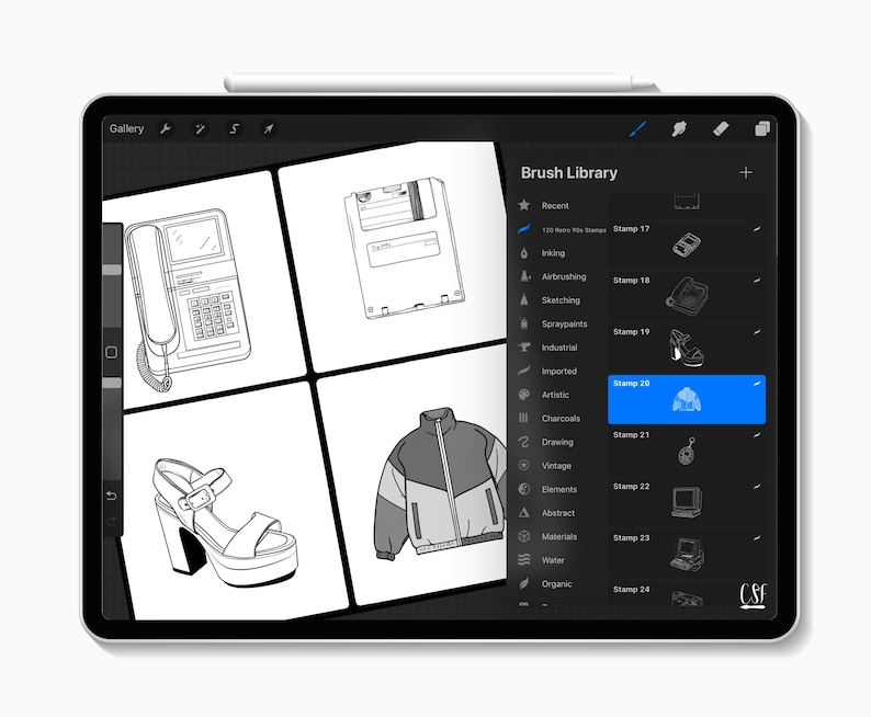 May include: A digital illustration on a tablet screen, showcasing a 'Brush Library' with various stamp options. The screen displays black and white drawings of a telephone, a floppy disk, a platform sandal, and a jacket.
