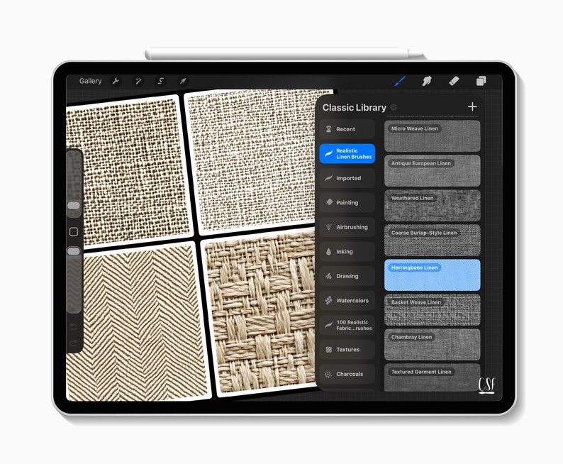 以下が含まれることがあります： Classic Libraryメニューが表示されたソフトウェアインターフェースのデジタルタブレット画面。メニューにはRealistic Linen BrushesやHerringbone Linenなどのブラシカテゴリがリストされています。4つの正方形のサンプルには、さまざまな生地の質感が表示されています。