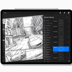 May include: A digital drawing app interface on an iPad with a city scene in the background. The app has a brush library with different categories, including sketching, inking, painting, and textures. The user has selected a stamp tool and is using it to create a grid pattern on the drawing.