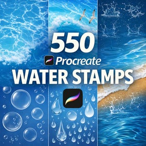 Puede incluir: Gráfico de arte digital con el texto "550 Procreate WATER STAMPS" en blanco. La imagen es un collage de ilustraciones con temática de agua, que incluyen olas, burbujas y gotas. El logotipo de Procreate también es visible.