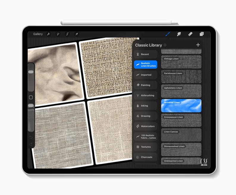 以下が含まれることがあります： ソフトウェアインターフェースとClassic Libraryメニューが表示されたデジタルタブレット画面。メニューには、Vintage、Farmhouse、Upholstery、Wrinkled、Crossweave、Canvas、Stonewashed、Unbleachedなどのリネンブラシオプションがリストされています。