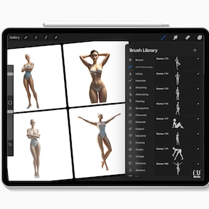 May include: A digital art program on a tablet screen with a brush library menu open. The menu lists different brush categories, including recent, imported, sketching, airbrushing, painting, spraypaints, charcoals, organic, materials, industrial, drawing, vintage, artistic, elements, and abstract. The tablet screen also shows a gallery of digital art images.