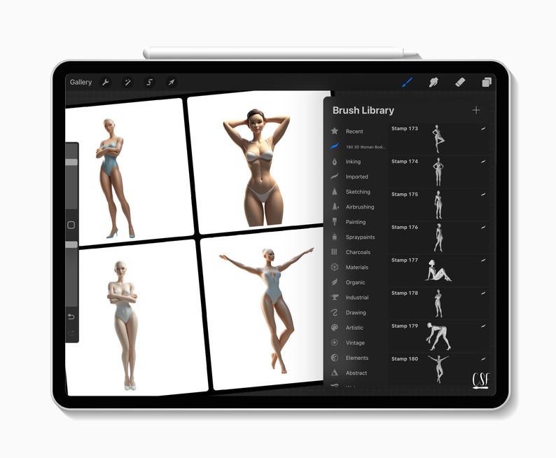 May include: A digital art program on a tablet screen with a brush library menu open. The menu lists different brush categories, including recent, imported, sketching, airbrushing, painting, spraypaints, charcoals, organic, materials, industrial, drawing, vintage, artistic, elements, and abstract. The tablet screen also shows a gallery of digital art images.