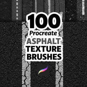 May include: Image featuring a black and white asphalt texture background with the text "100 Procreate Asphalt Texture Brushes." The Procreate app logo is in the bottom right corner. The image shows different asphalt textures.