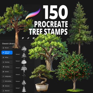 May include: Digital art product with 150 Procreate tree stamps. The image displays diverse tree illustrations, such as a bonsai, a tree with red berries, and other tree varieties. The text "150 Procreate Tree Stamps" is clearly visible.