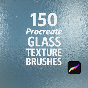 Puede incluir: Un fondo color turquesa con el texto blanco "150 Procreate GLASS TEXTURE BRUSHES". El icono de la aplicación Procreate está en la esquina inferior derecha. El fondo tiene una apariencia texturizada y reflectante.