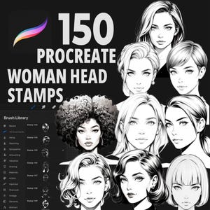 150 Procreate Woman Head Stamps, Female Face Brushes, Digital Portrait Stamps, Procreate Character Design