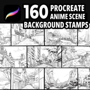 Op de afbeelding: Een set van 160 zwart-witte Procreate anime-scène achtergrond stempels. De stempels bevatten verschillende scènes, waaronder straten, bossen en bergen.