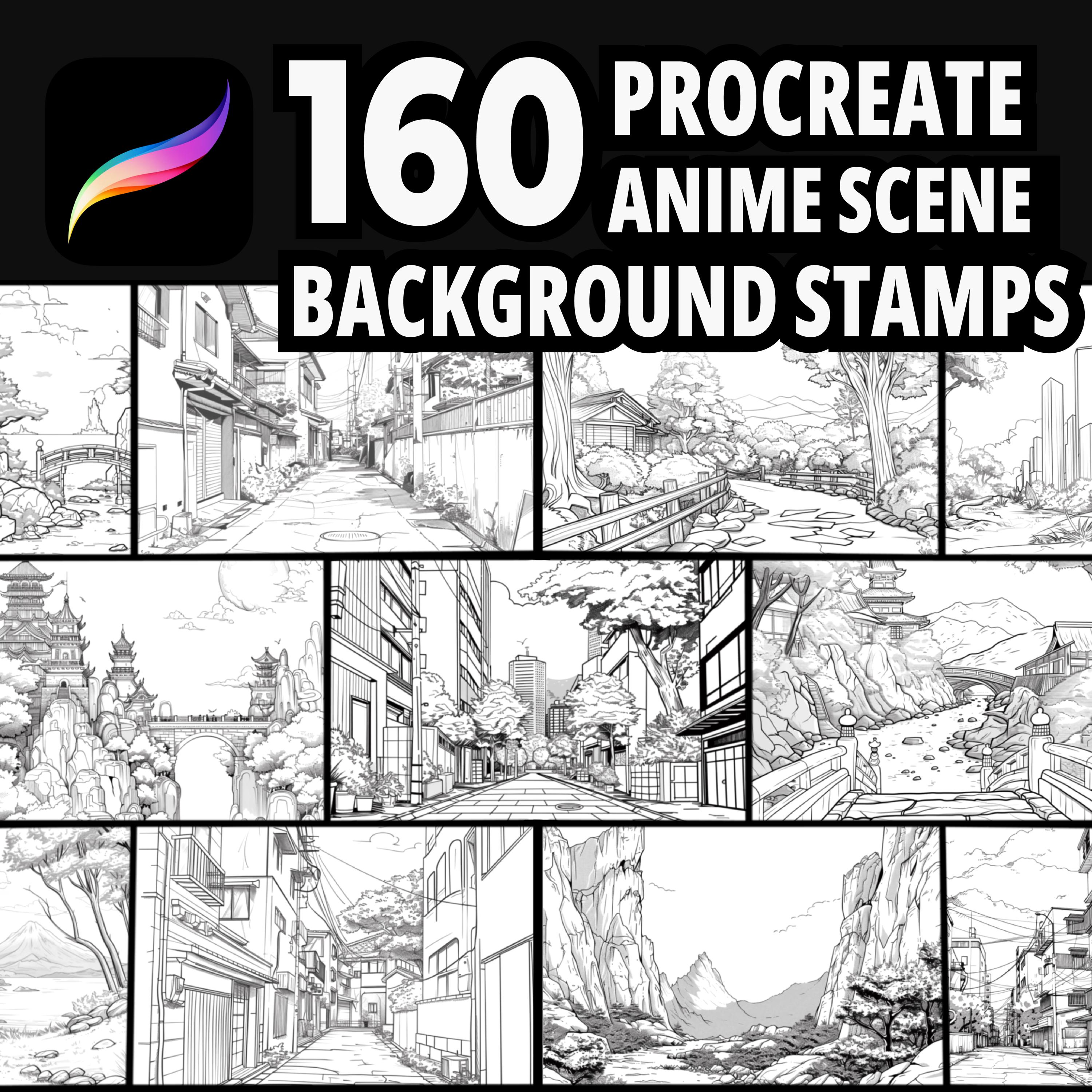 160 pinceles sello de Procreate para escenas de anime: fondos de manga, ciudad y naturaleza