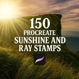 May include: 150 Procreate Sunshine and Ray Stamps. A digital illustration of a sun shining through clouds over a grassy hilltop. The Procreate logo is in the lower right corner.