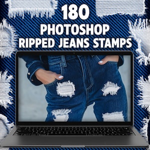 May include: A laptop screen shows an image of distressed denim jeans with visible rips and patches. The text "180 PHOTOSHOP RIPPED JEANS STAMPS" is displayed above. The background has a blue denim texture with frayed edges.