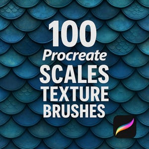 Puede incluir: Una ilustración digital de escamas azules con el texto "100 Procreate SCALES TEXTURE BRUSHES" en blanco. Un icono de la aplicación Procreate está en la esquina inferior derecha.