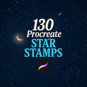 May include: A dark blue background with white stars and a crescent moon. The text "130 Procreate STAR STAMPS" is in white and blue lettering. A Procreate app icon is in the lower center of the image.