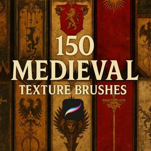 Puede incluir: Una ilustración digital de 150 pinceles de textura medieval. La imagen presenta una colección de pancartas de estilo vintage con diseños intrincados y un icono de la aplicación Procreate.