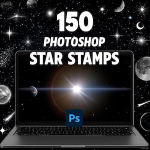 May include: A laptop displays a starry background with the text "150 PHOTOSHOP STAR STAMPS." The screen features a bright light flare and the Photoshop "Ps" logo. The background includes stars, planets, and moons.
