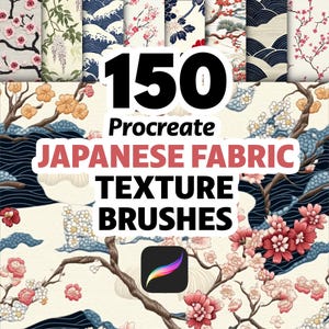 May include: A digital collection of 150 Procreate Japanese fabric texture brushes featuring various patterns including cherry blossoms, waves, and floral motifs in shades of red, blue, white, and cream, with the text 150 Procreate JAPANESE FABRIC TEXTURE BRUSHES.