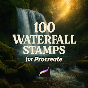 May include: A digital illustration of a waterfall with lush green foliage surrounding it. The text "100 Waterfall Stamps for Procreate" is superimposed on the image. The Procreate app icon is in the lower right corner.