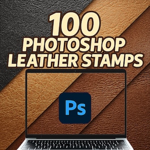 May include: A laptop displays the Adobe Photoshop logo with the text "100 Photoshop Leather Stamps" in a beige font. The background features a diagonal pattern of leather textures in black, tan, and brown.