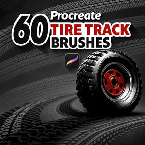 Puede incluir: Imagen de un neumático negro con llanta roja, sobre un fondo gris oscuro con patrones de huellas de neumáticos. El texto dice "60 Procreate TIRE TRACK BRUSHES" con el logo de la aplicación Procreate. El neumático es el foco, mostrando su banda de rodadura.