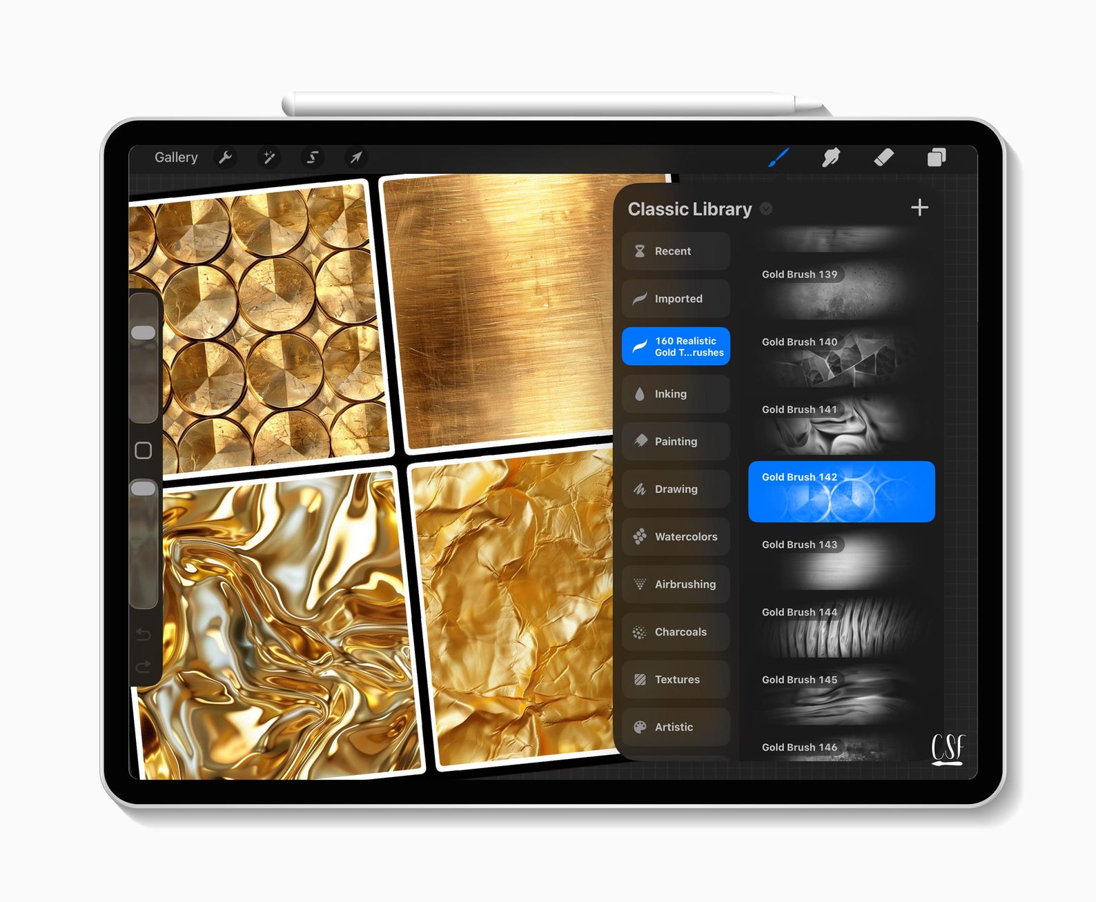 160 Procreate Realistic Gold Texture Brushes for Shiny Metallic Effects ...