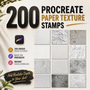 May include: A digital art product featuring 200 Procreate paper texture stamps. The image displays a grid of paper textures, with the number "200" and the words "Procreate Paper Texture Stamps" prominently displayed. The product is advertised as an instant digital download.