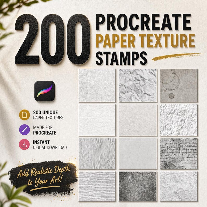 Puede incluir: Imagen promocional de 200 sellos de textura de papel Procreate. La imagen muestra una cuadr&iacute;cula de texturas de papel, con el texto "Procreate Paper Texture Stamps" y el n&uacute;mero "200". El producto se anuncia como una descarga digital instant&aacute;nea.