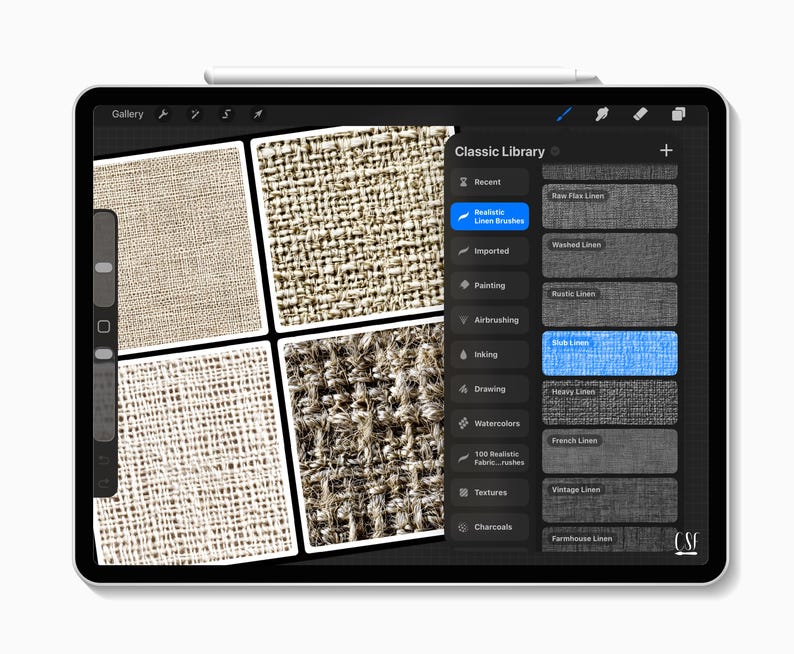 以下が含まれることがあります： Classic Libraryメニューを備えたソフトウェアインターフェースを表示するデジタルタブレット画面。メニューには、Raw Flax、Washed、Rustic、Slub、Heavy、French、Vintage、Farmhouse Linenなどのさまざまなリネンブラシオプションがリストされています。4つの正方形のサンプルは、ベージュと茶色の異なる織物テクスチャを示しています。