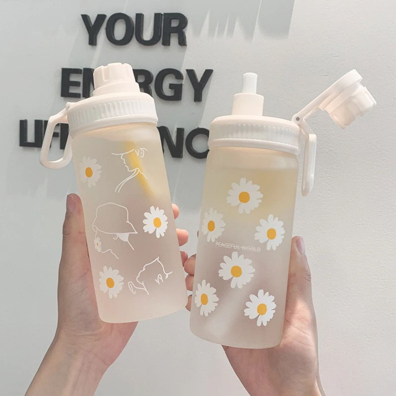Cute Daisy Plastic Water Bottles Straw Portable Traveling Etsy