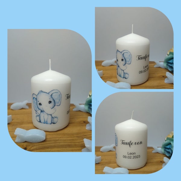 Gastgeschenk blauer Babyelefant personalisiert Kommunion, Konfirmation, Taufe, personalisierte Kerze