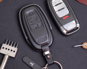 Xotic Tech Leather Key Fob Cover With Chain – For Audi A3 A4 A5 A6 TT – Black, Red Stitching