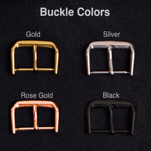May include: Image showcasing four metal buckles in gold, silver, rose gold, and black. The buckles are rectangular with a central bar and two side bars. The text "Buckle Colors" is at the top.